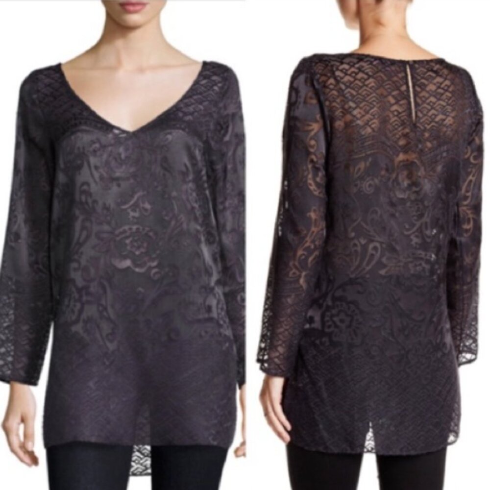 Calypso St. Barth Medium Gray Artsy Art‎ to Wear Textured Side Slit Sheer Top